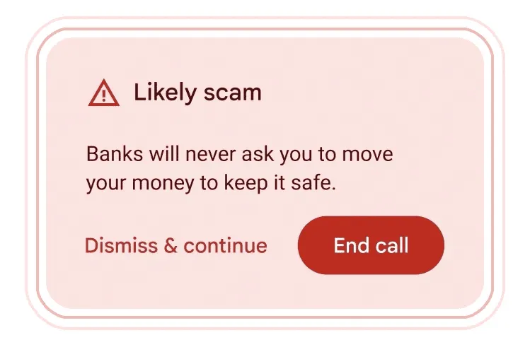 Android-notis märkt Likely scam som varnar att banker aldrig ber dig flytta pengar och ger alternativ att avsluta samtalet