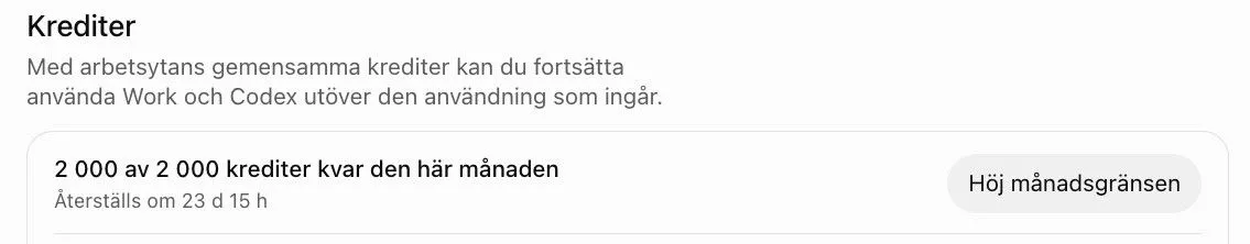 Avsnittet Krediter på sidan Användning med 2 000 av 2 000 krediter kvar den här månaden och knappen Höj månadsgränsen