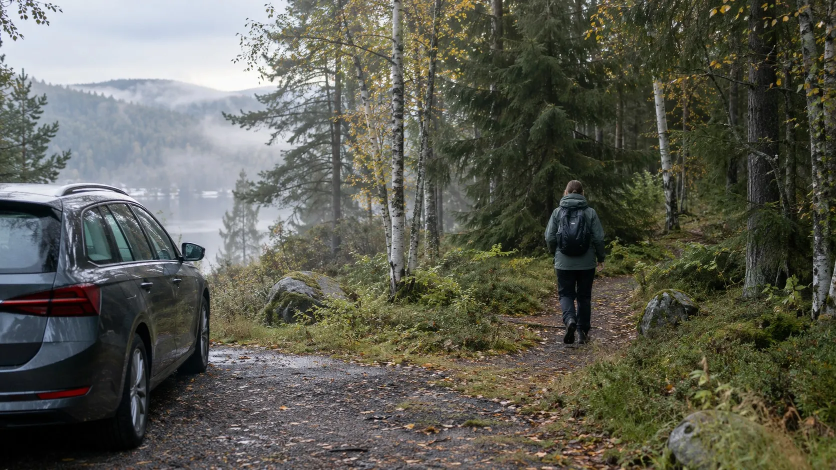 En bil parkerad vid ett skogsbryn och en person i regnjacka som går in på en stig bland granar och björkar, med dimma över en sjö i bakgrunden