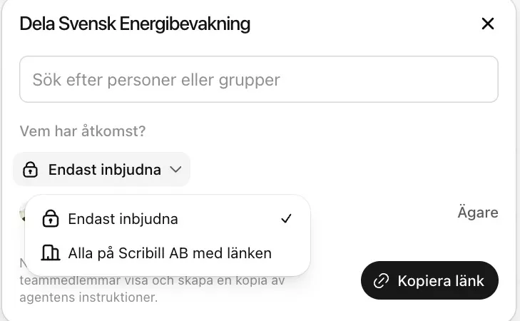 Dialogen Dela Svensk Energibevakning med valen Endast inbjudna och Alla på organisationen med länken