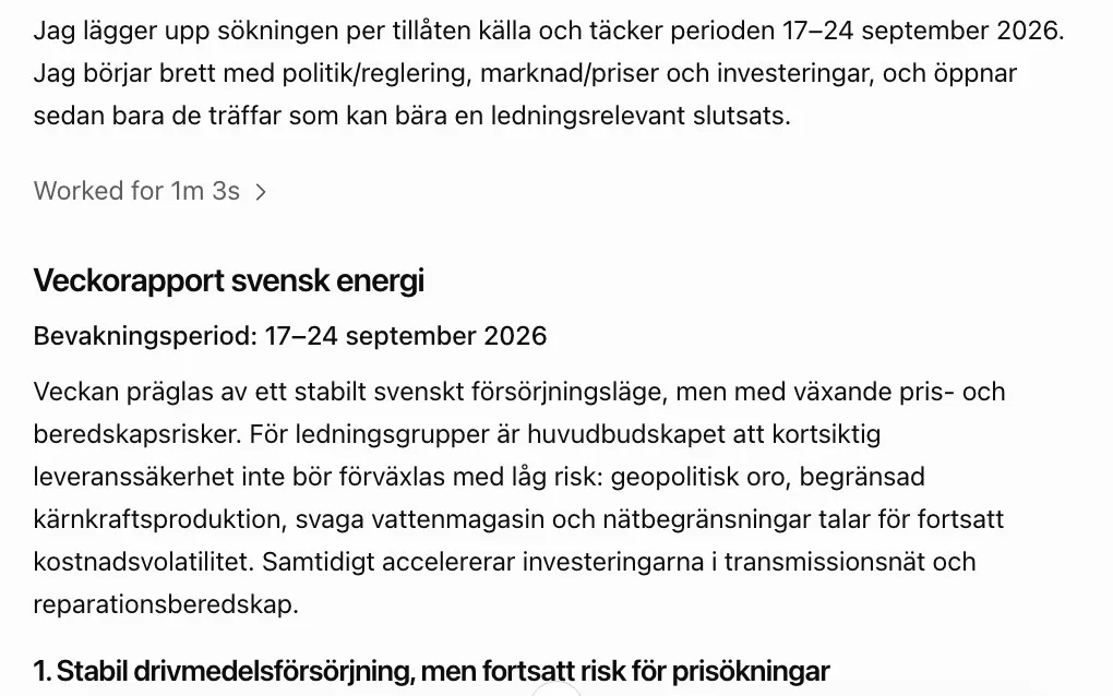 Andra testkörningen med de nya källorna, där veckorapporten inleds med en sammanfattning av läget i energibranschen