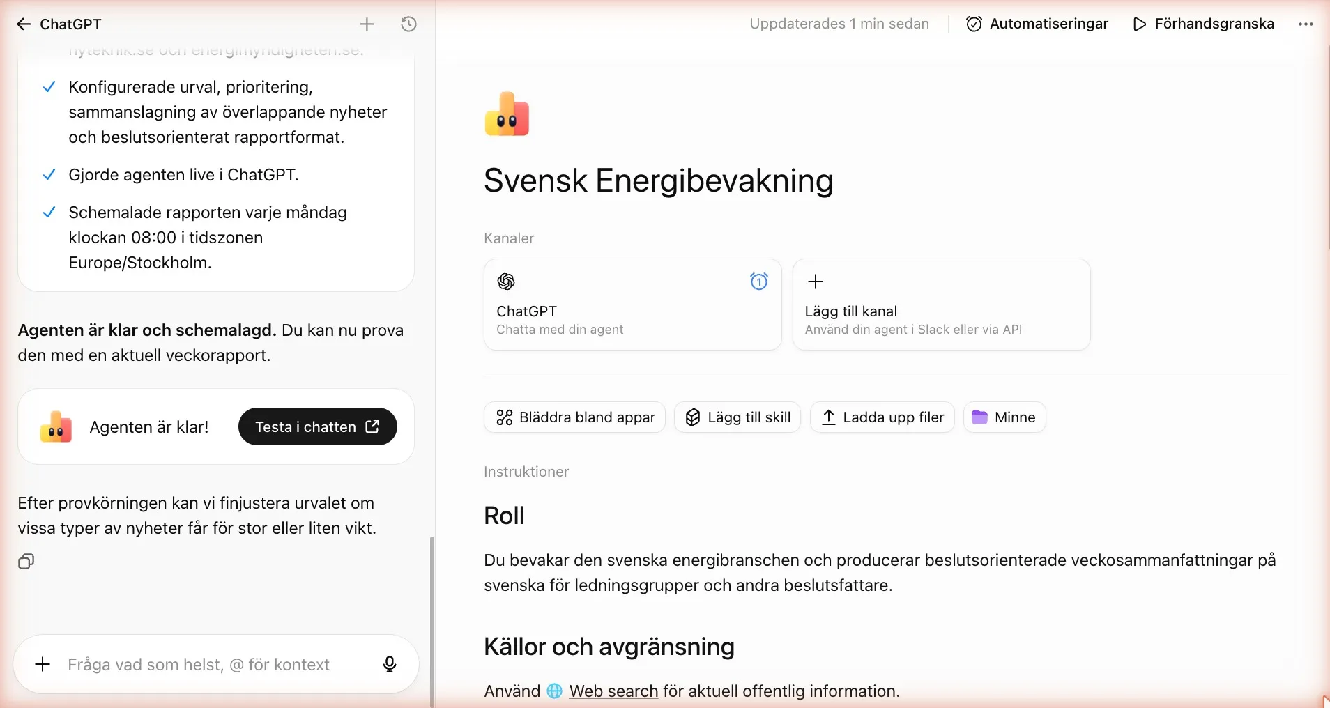 Agentbyggaren med agenten Svensk Energibevakning, byggchatten till vänster och instruktionerna under rubrikerna Roll och Källor och avgränsning