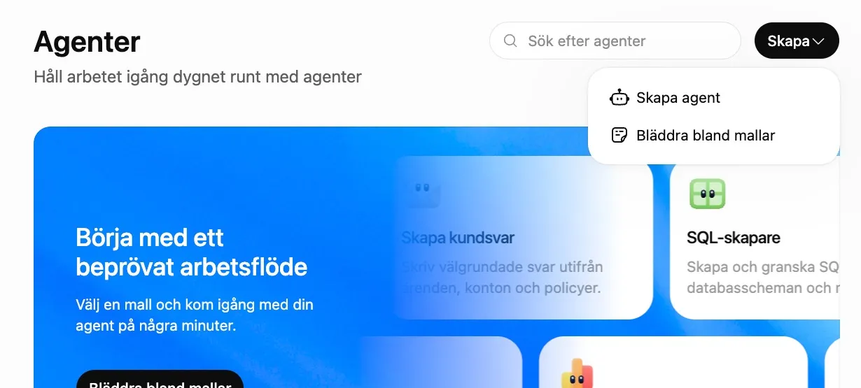 Sidan Agenter i ChatGPT Business med menyn Skapa öppen och valen Skapa agent och Bläddra bland mallar