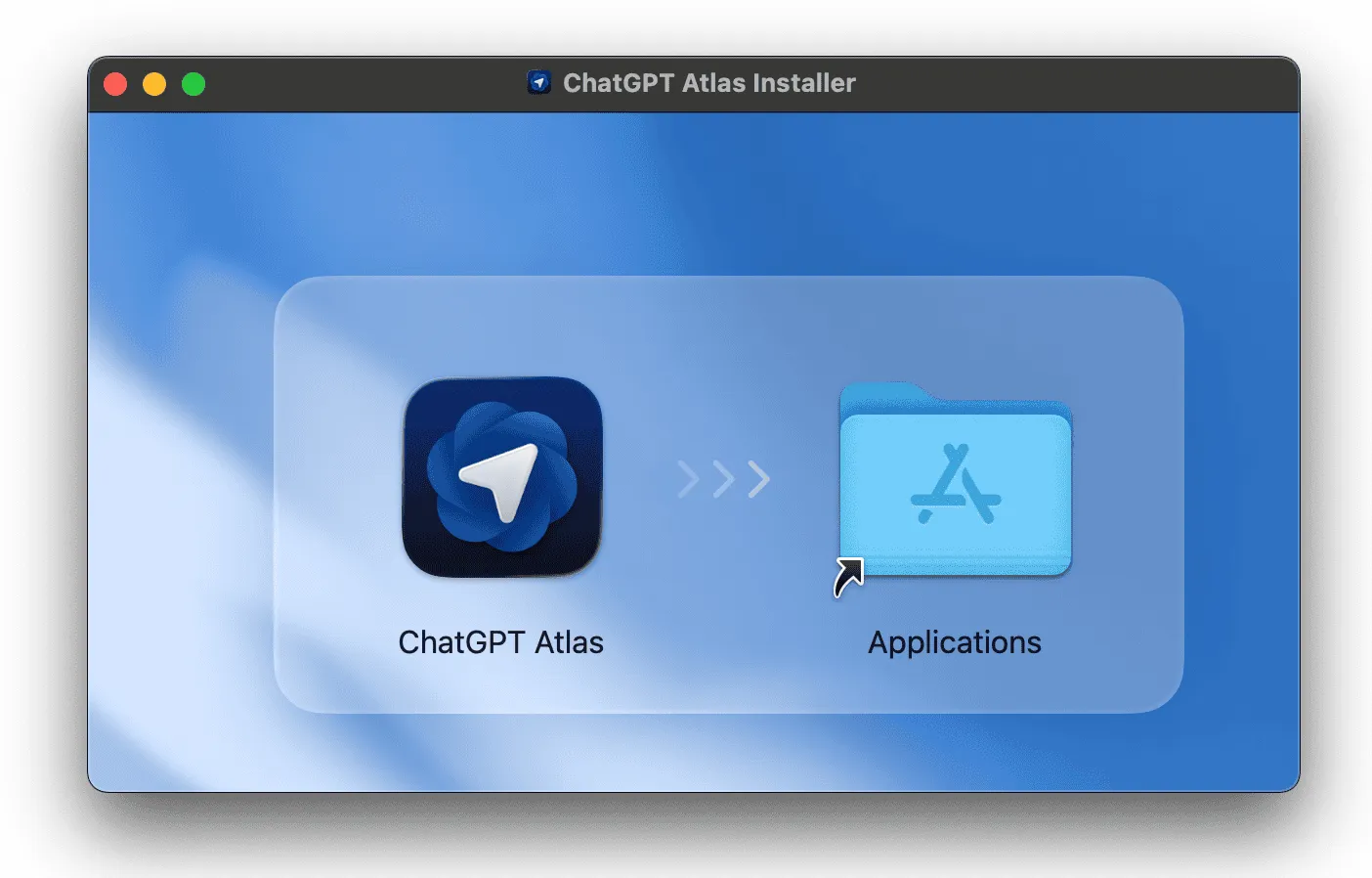 ChatGPT Atlas installerare på Mac med appikonen och en pil mot Applications-mappen