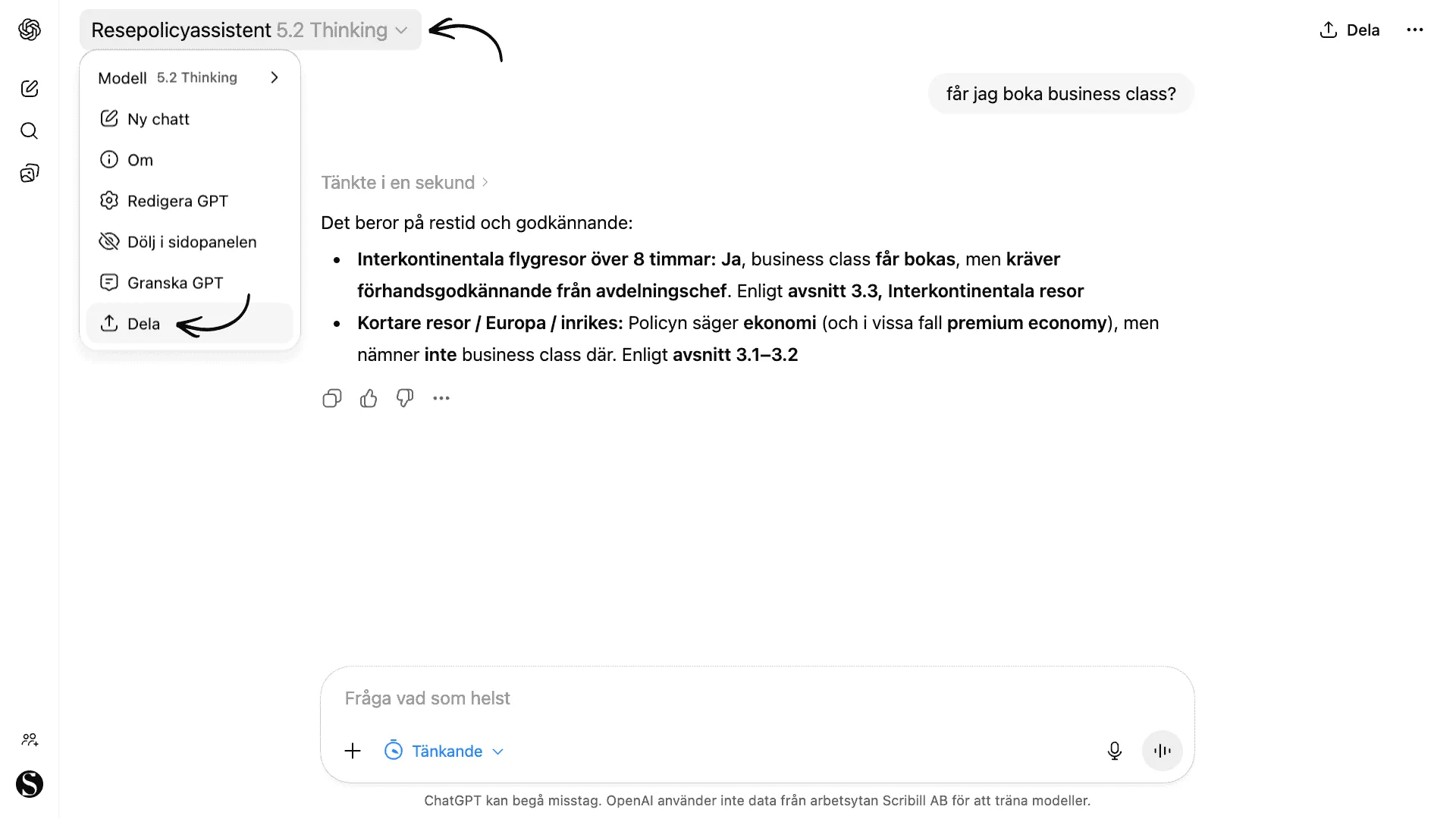 Rullgardinsmenyn för en GPT med alternativen Redigera GPT, Granska GPT och Dela