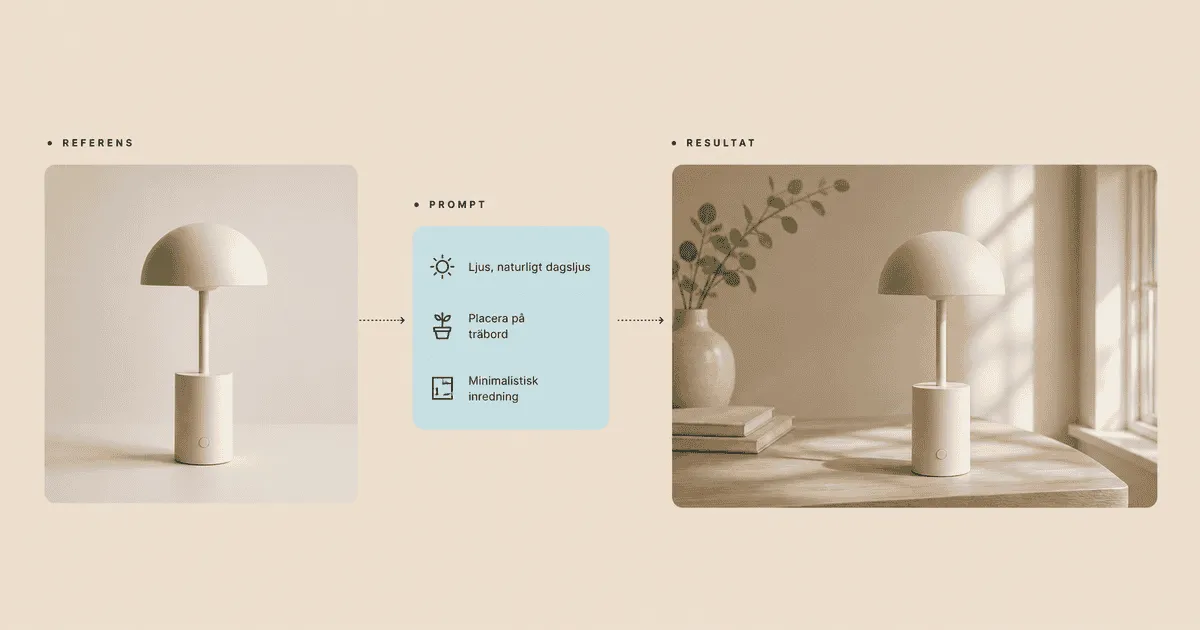 Referensbild av en lampa kombineras med en textprompt och genererar en ny kampanjbild i en minimalistisk inredning