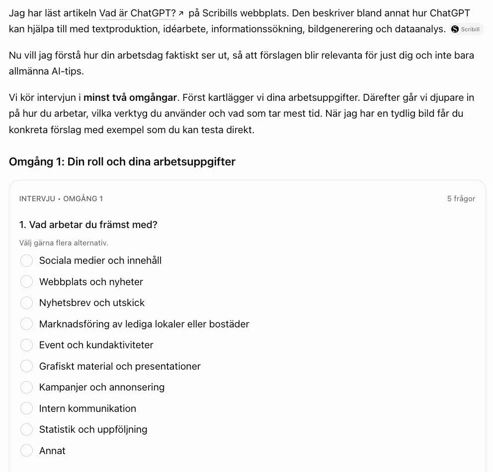 ChatGPT har läst artikeln och inleder intervjun med fem frågor, där den första har alternativ att klicka i för vad marknadskoordinatorn arbetar med