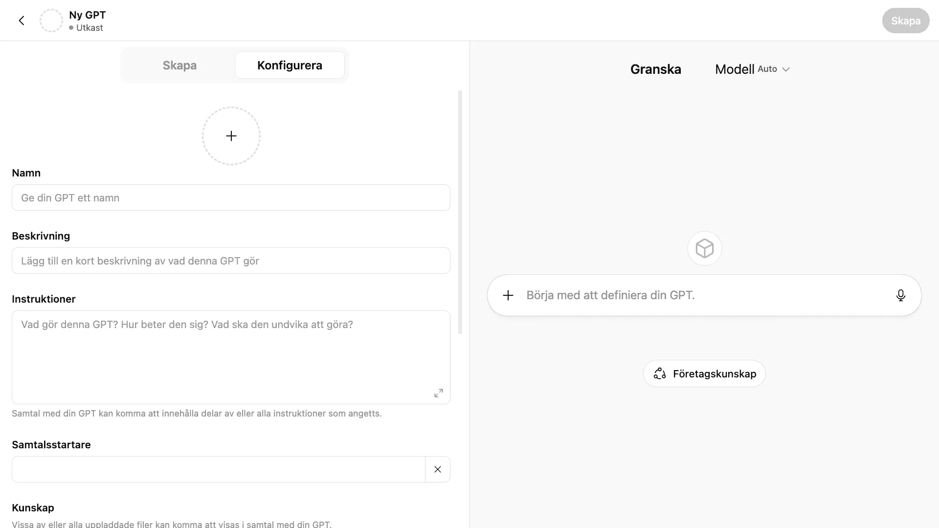 Tomt formulär för att skapa en ny GPT med flikarna Skapa och Konfigurera synliga