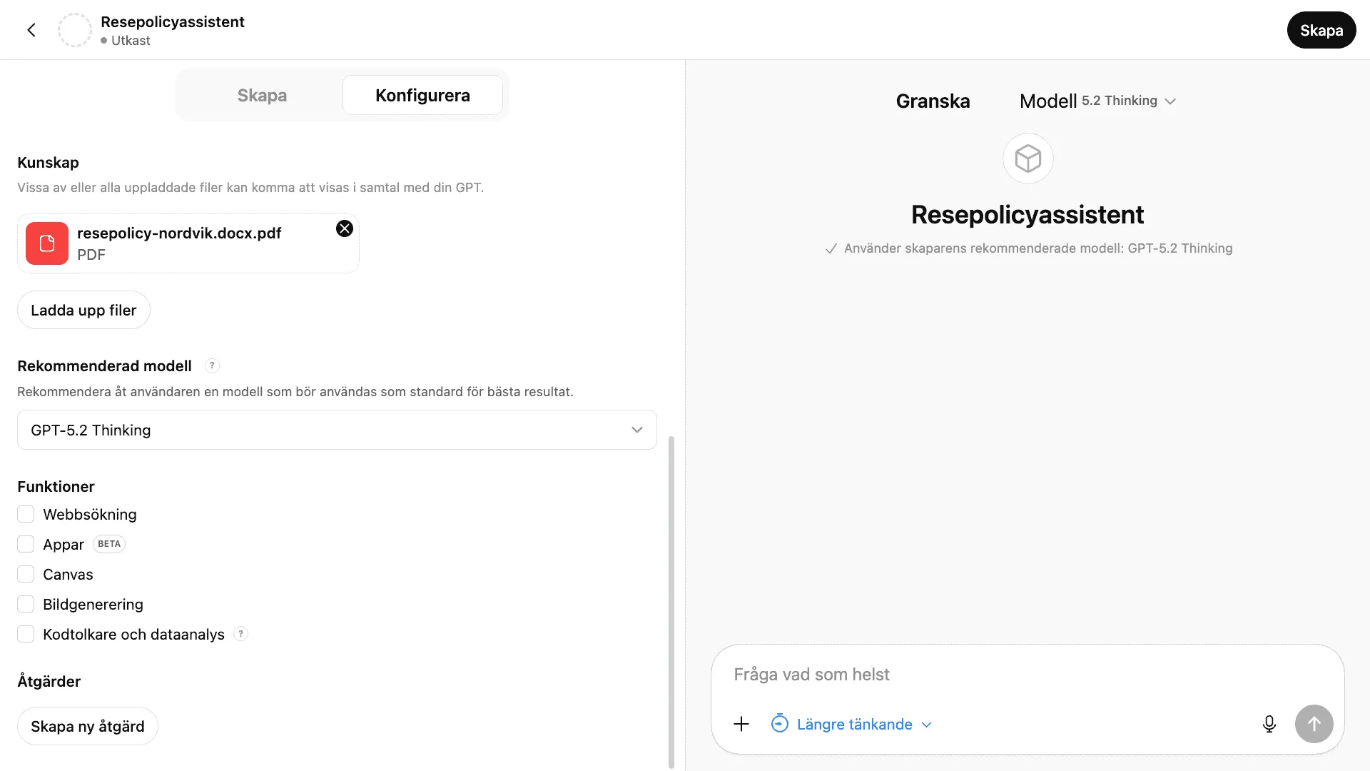 Resepolicydokumentet uppladdat som kunskap med alla funktioner avaktiverade