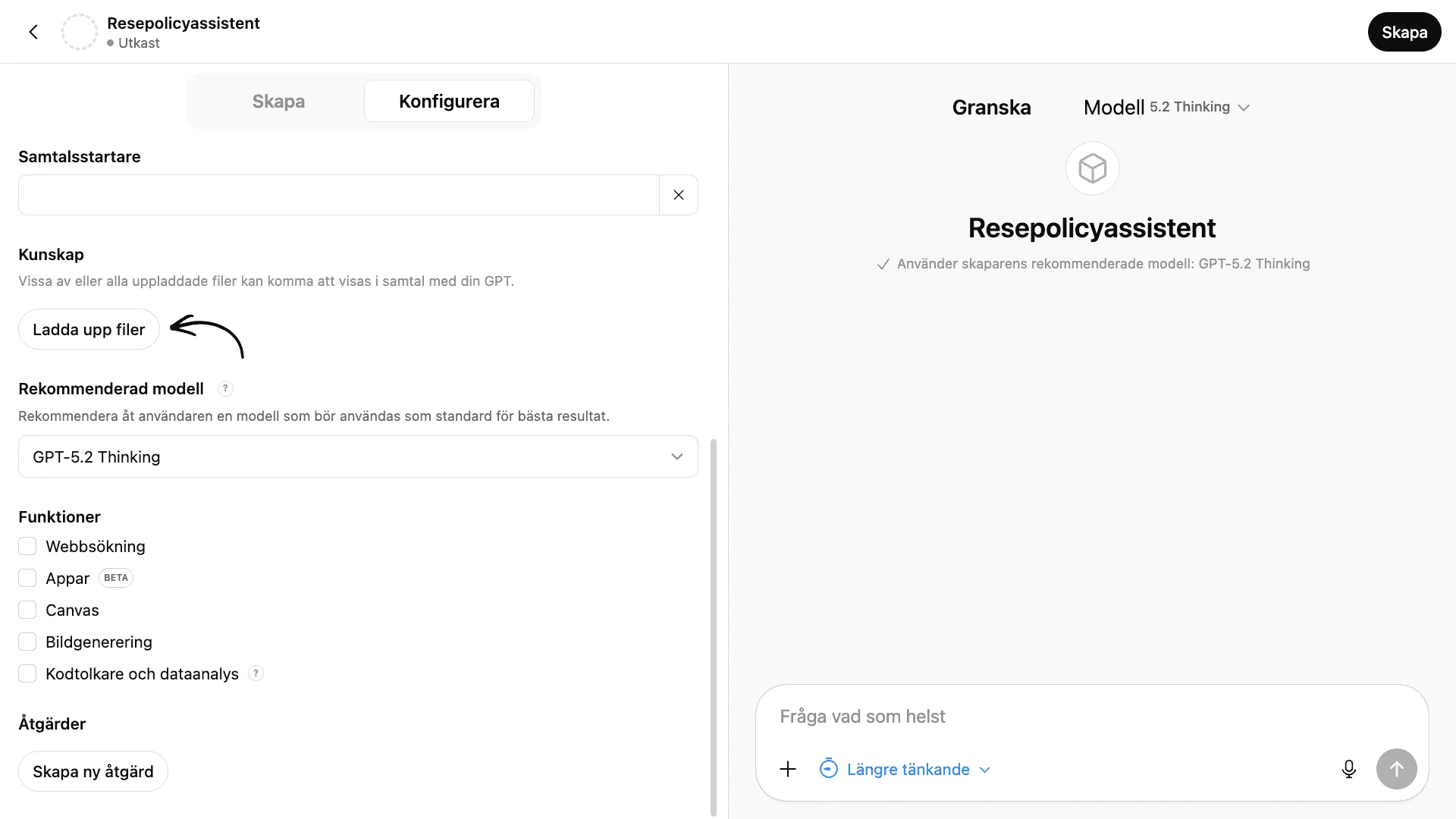 Kunskapssektionen med knappen Ladda upp filer markerad och alla funktioner avaktiverade