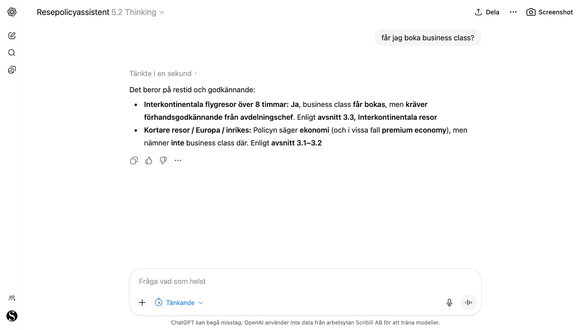 Policyagenten svarar på frågan om business class med hänvisning till avsnitt 3.1 till 3.3 i resepolicyn