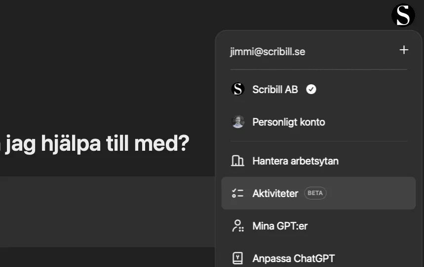 ChatGPT:s profilmeny med alternativet Aktiviteter markerat för att öppna Tasks-funktionen