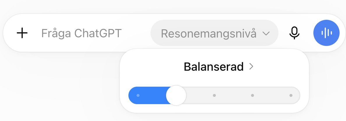 Reglaget för resonemangsnivå i ChatGPT, där nivån Balanserad är vald