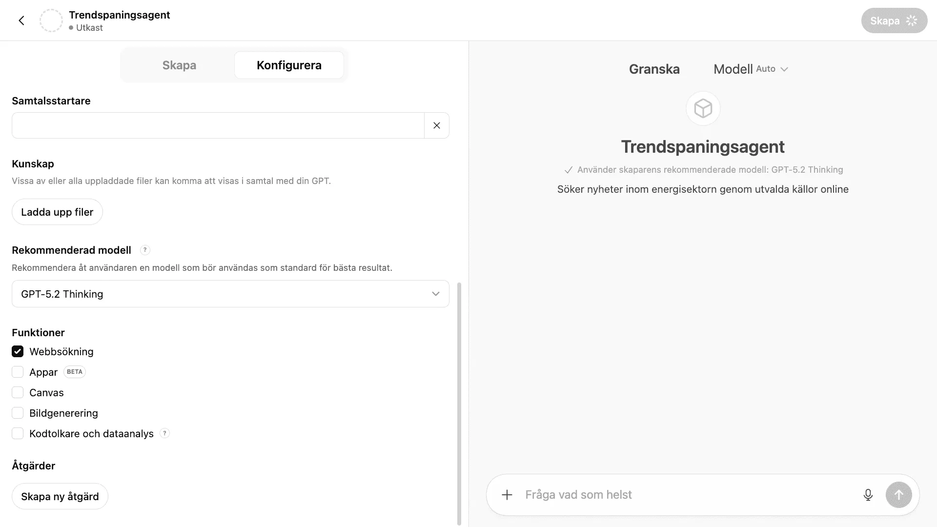Funktionskryssrutorna med bara webbsökning aktiverad och rekommenderad modell vald