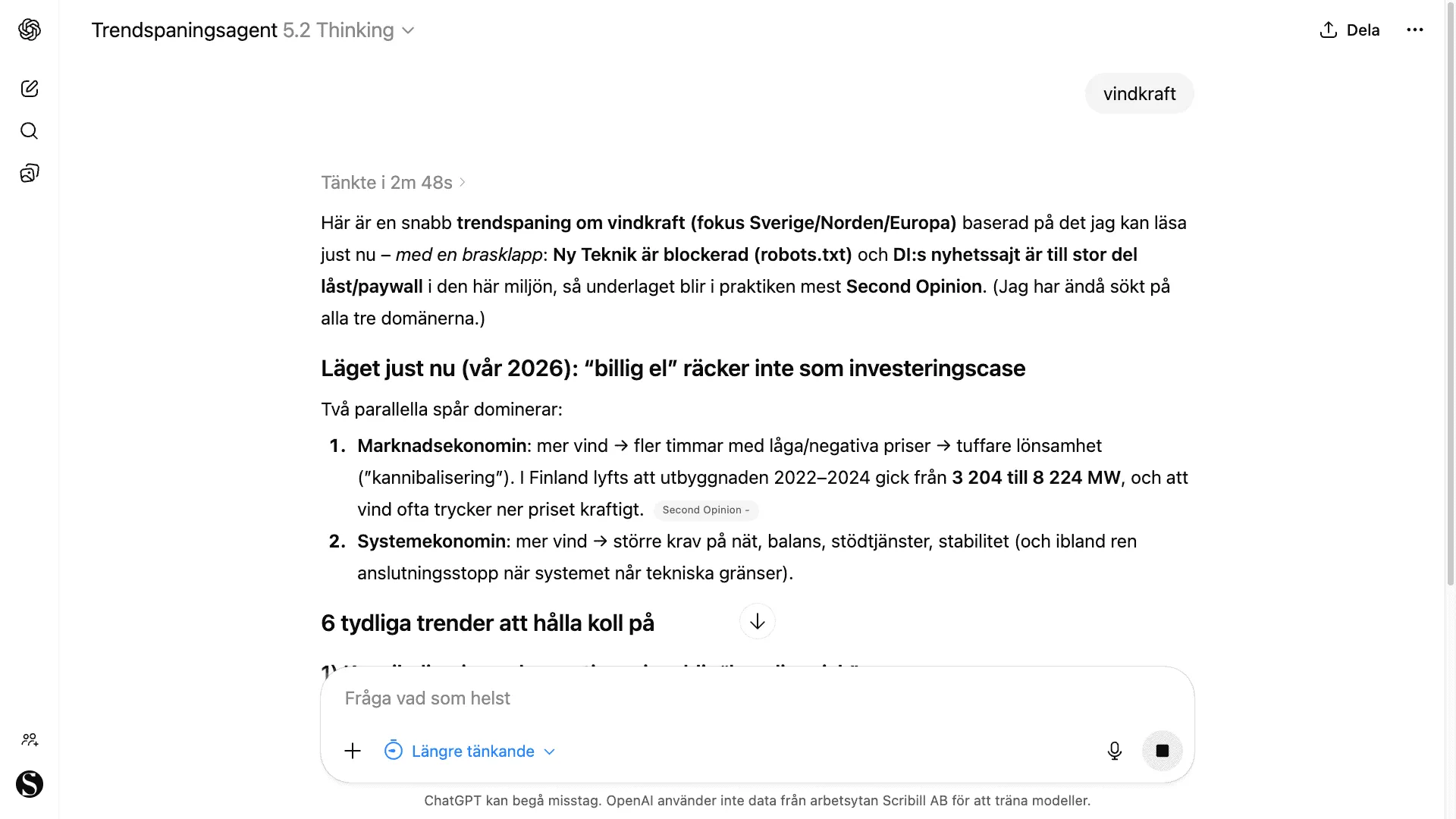 Trendspaningsagenten svarar på sökordet vindkraft med en sammanfattning baserad på angivna källor