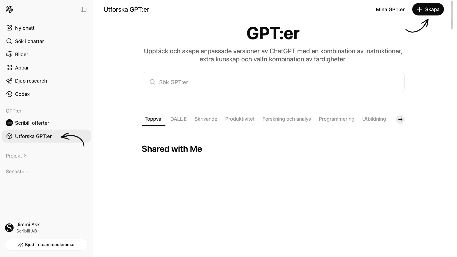 Sidan Utforska GPT:er med knappen Skapa markerad uppe till höger