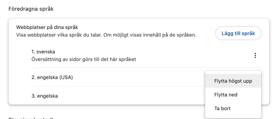 Språkinställningarna i Chrome med menyn Flytta högst upp öppen för engelska