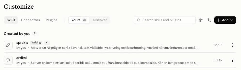 Två egna skills i Claude, sprakis för språkgranskning och artikel för artiklar till scribill.se