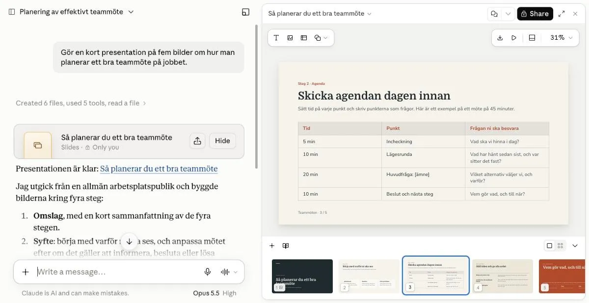 Claude Slides med en presentation om teammöten, där chatten ligger till vänster och bilderna går att redigera till höger