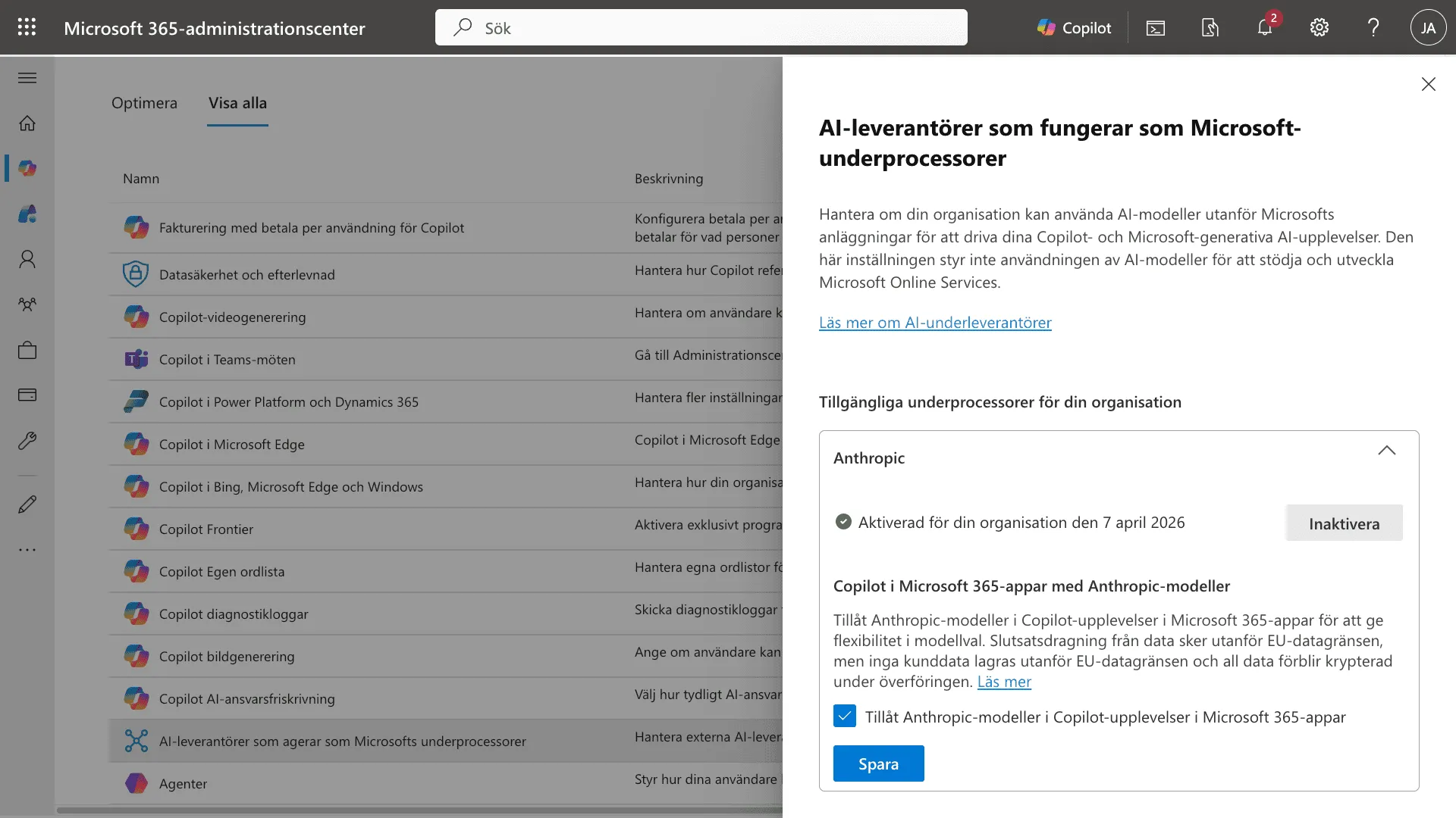 Aktivera Anthropic som underprocessor i Microsoft 365 admin center
