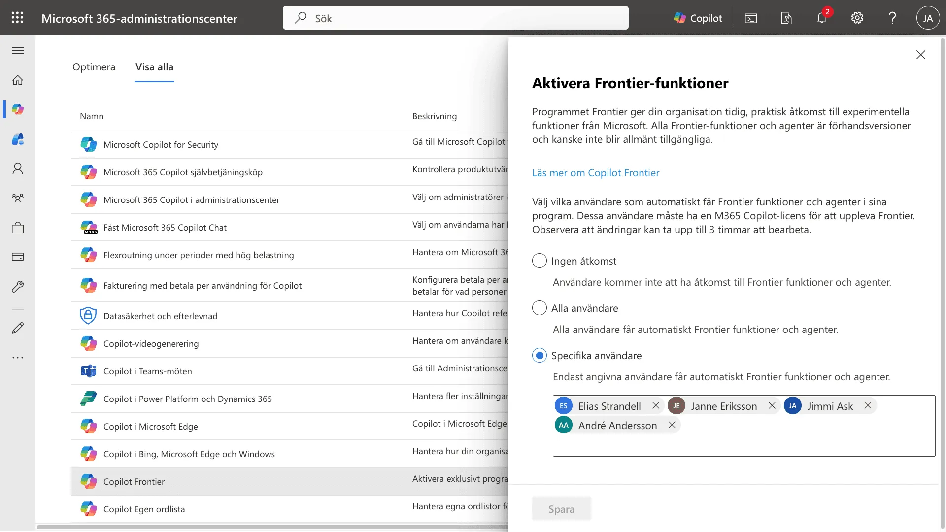 Copilot Frontier-inställningar i Microsoft 365 admin center
