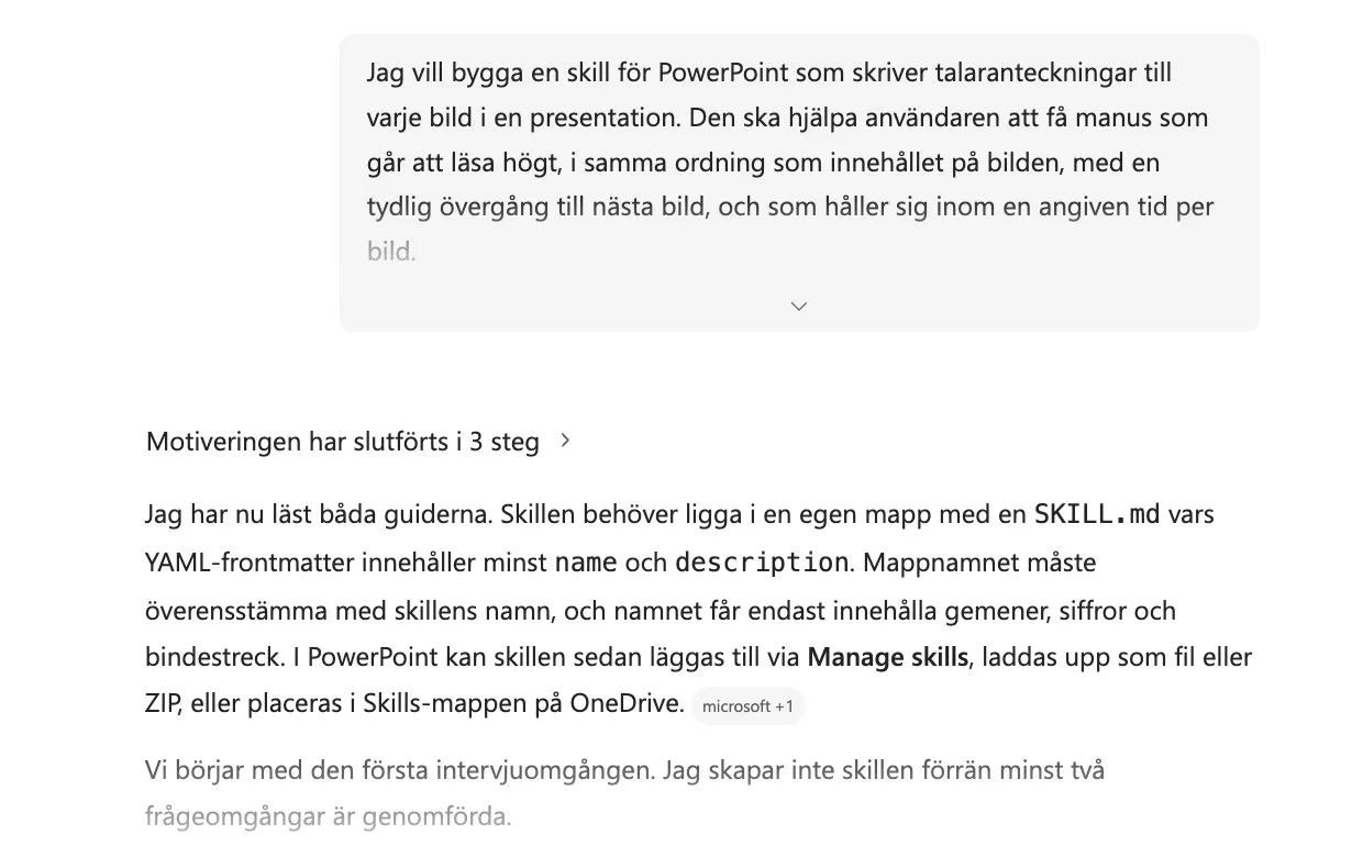 Copilot Chat har läst guiderna och inleder första intervjuomgången om en skill för talaranteckningar