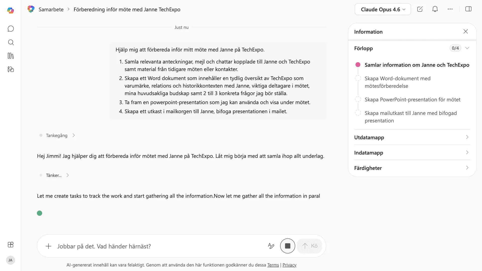 Copilot Cowork utför en flerstegsuppgift med synlig todo-lista