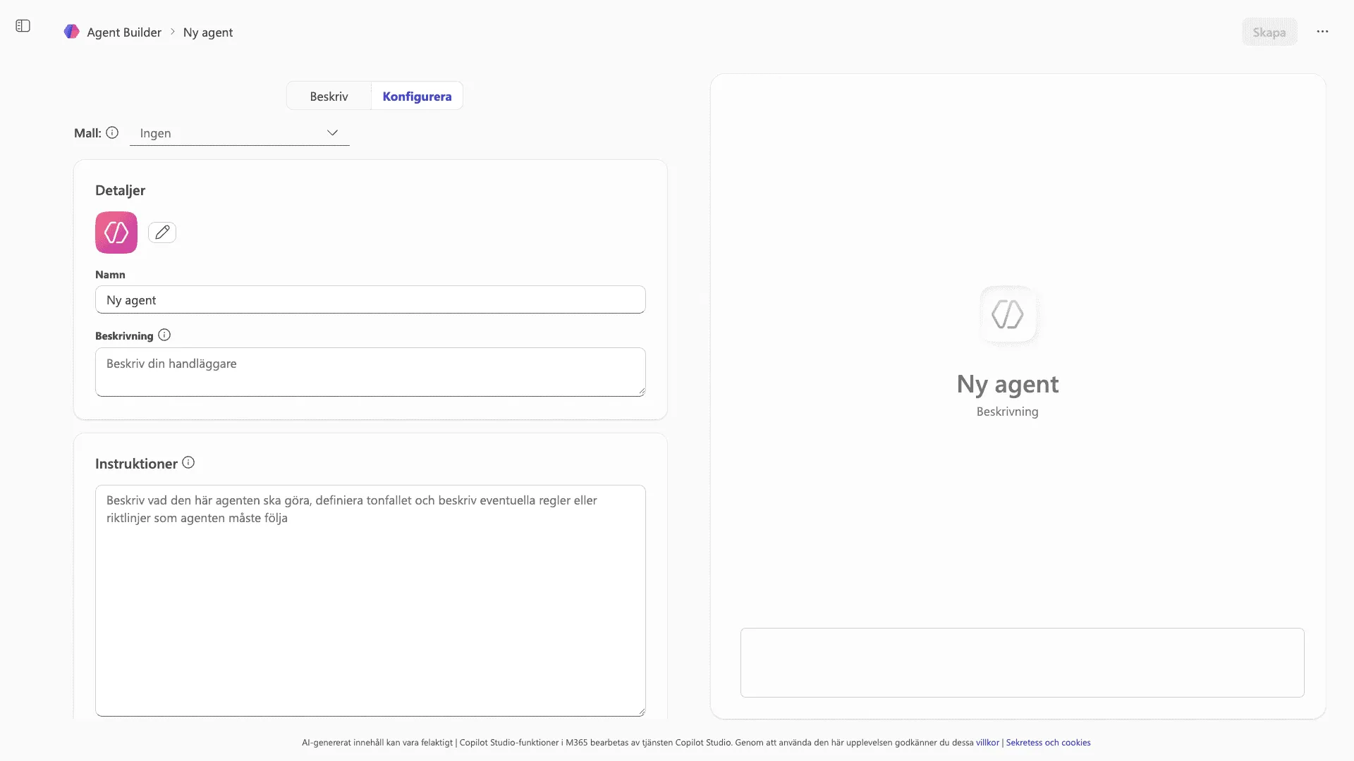 Tomt formulär i Agent Builder med flikarna Beskriv och Konfigurera synliga