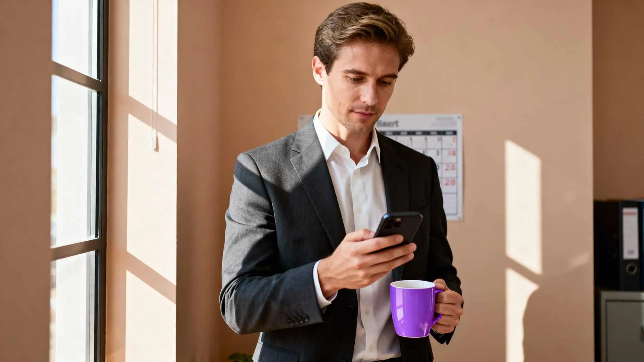 Person i kostym kontrollerar mejl på mobilen med kaffemugg i handen