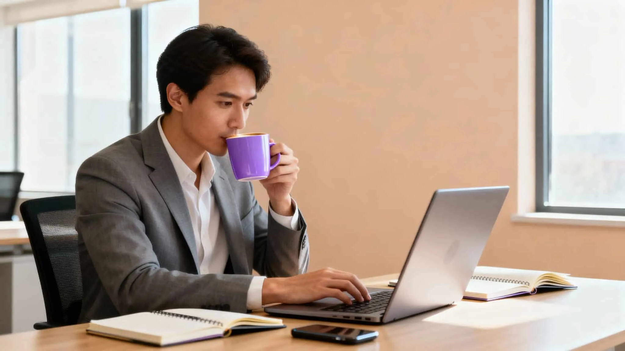 Person läser mejl på laptop med kaffe i handen vid ett kontorsskrivbord