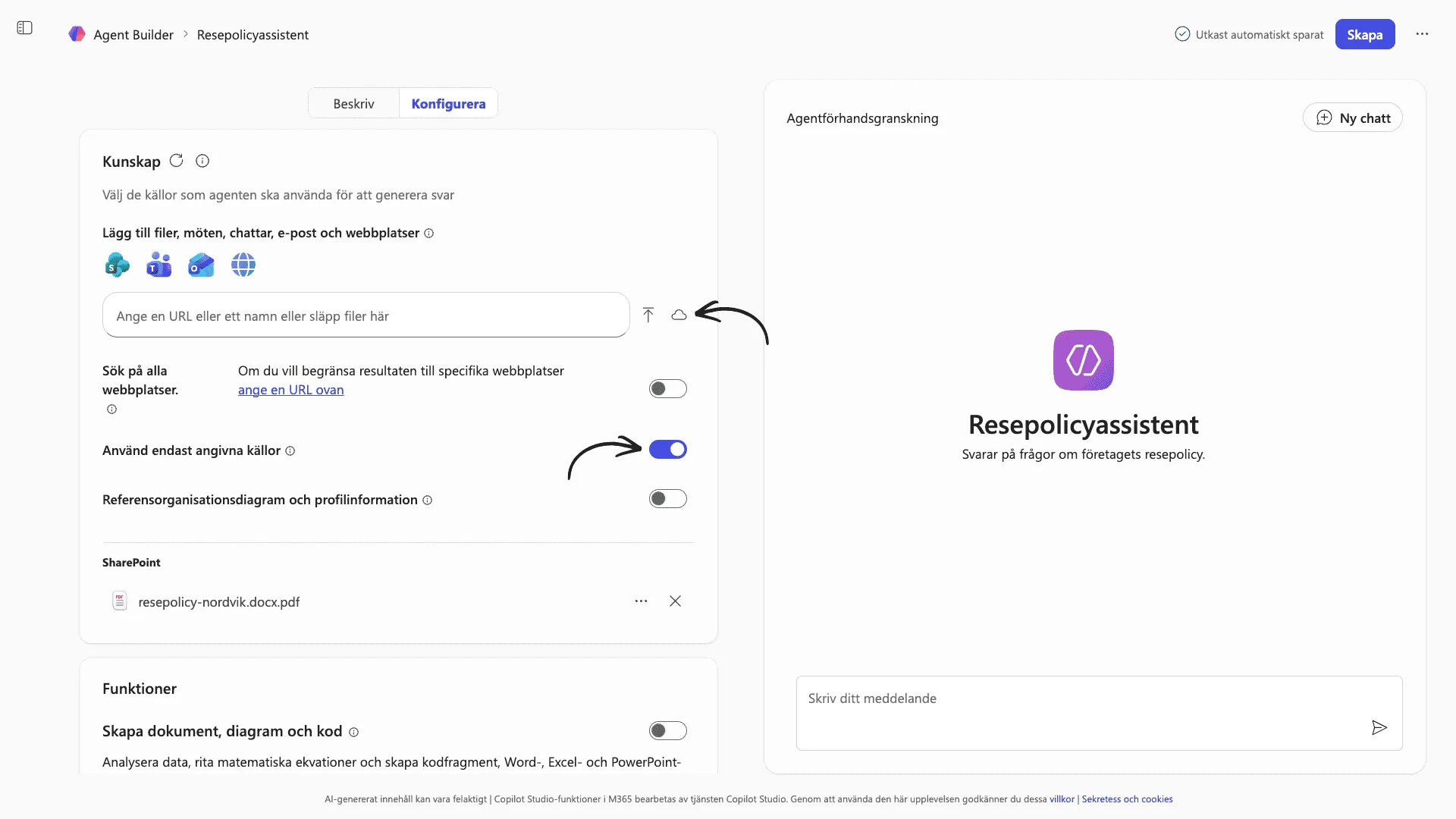Kunskapssektionen med resepolicydokument från SharePoint bifogat, webbsökning av och Använd endast angivna källor aktiverad