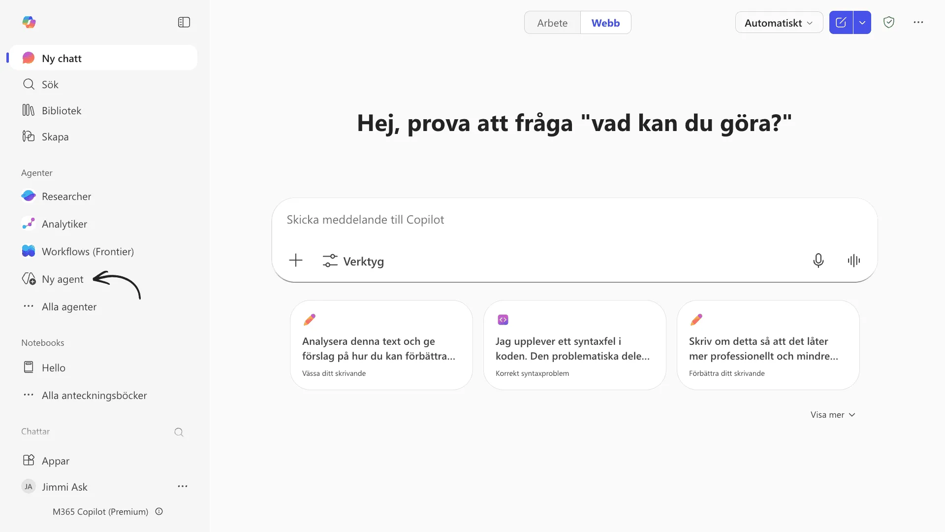 Copilots sidomeny med Ny agent markerad under Agenter