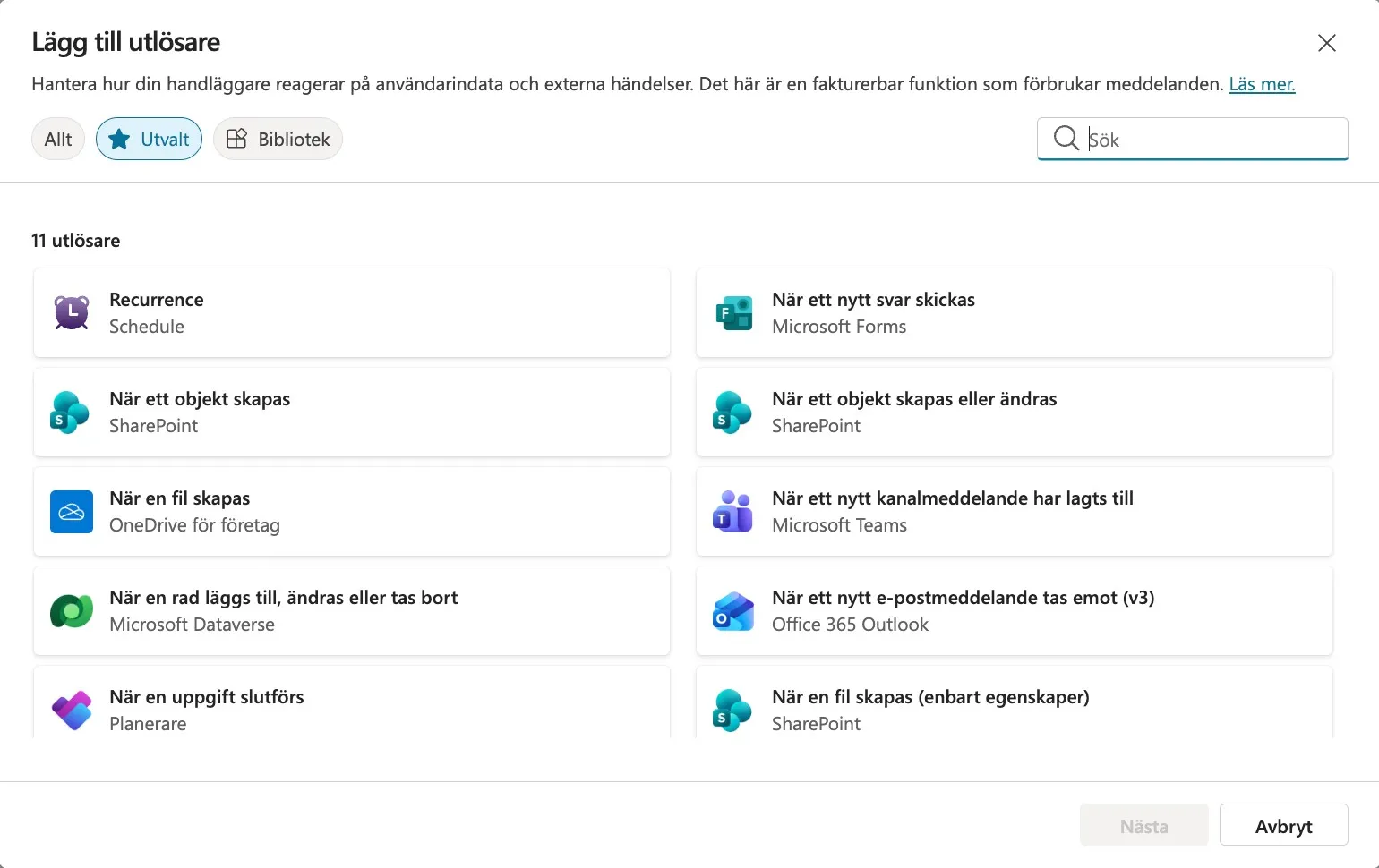 Dialogen Lägg till utlösare i Copilot Studio med schema, SharePoint, OneDrive, Teams och Outlook som val, och texten att funktionen är fakturerbar