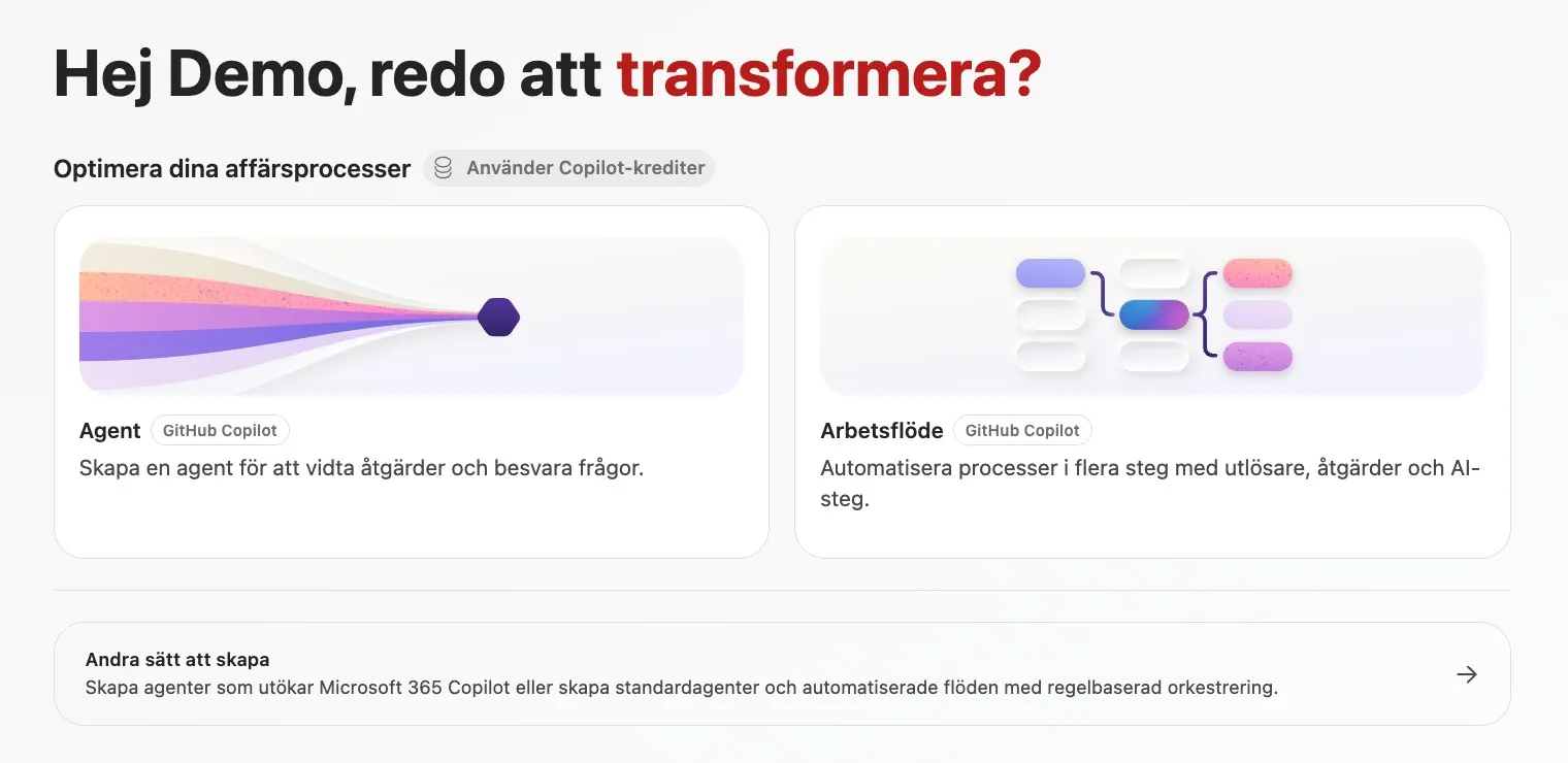 Startsidan i Copilot Studio där Optimera dina affärsprocesser är märkt Använder Copilot-krediter och Andra sätt att skapa ligger längre ner