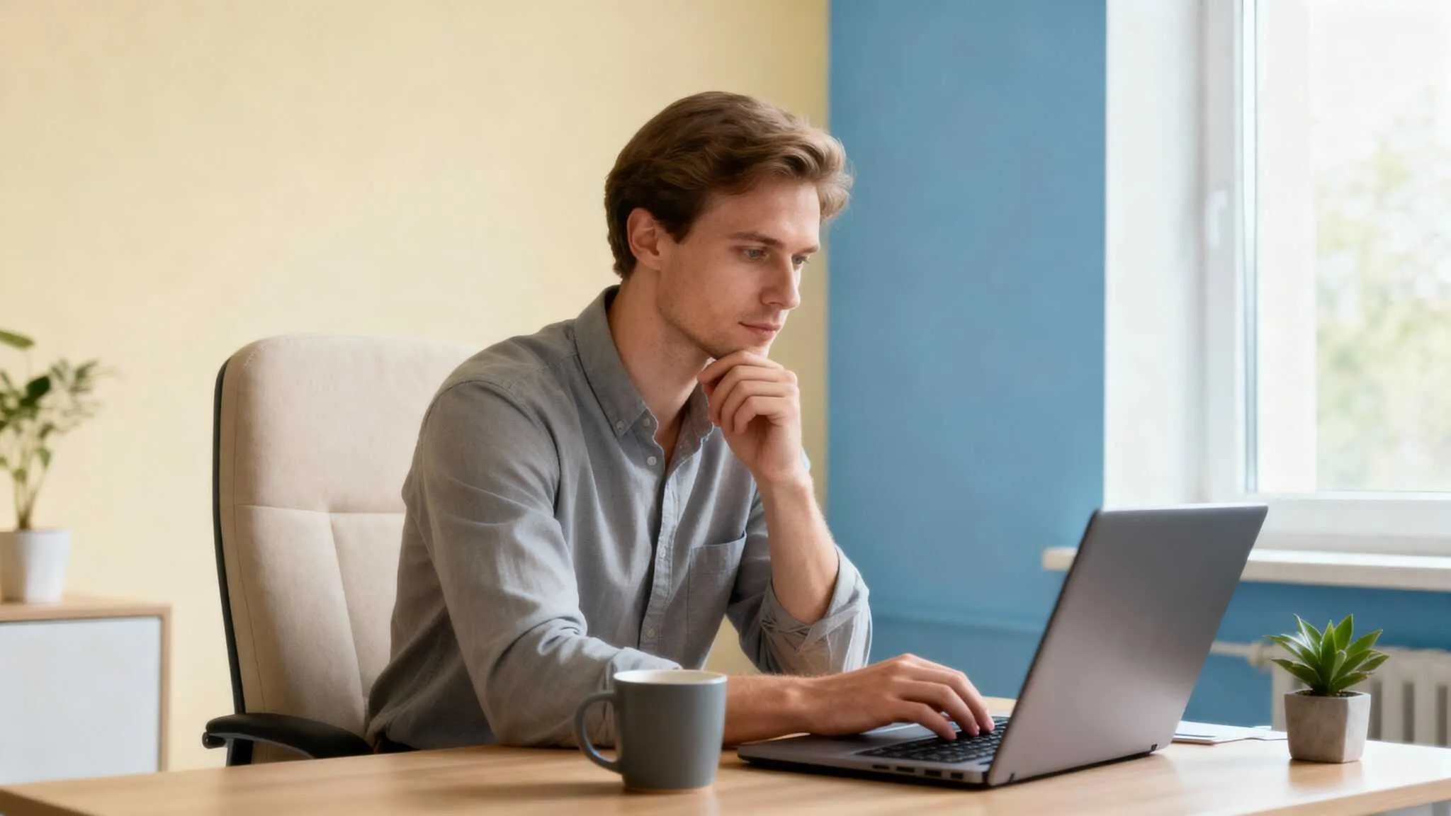 Man som sitter koncentrerat framför sin laptop med handen mot hakan och en kaffemugg bredvid