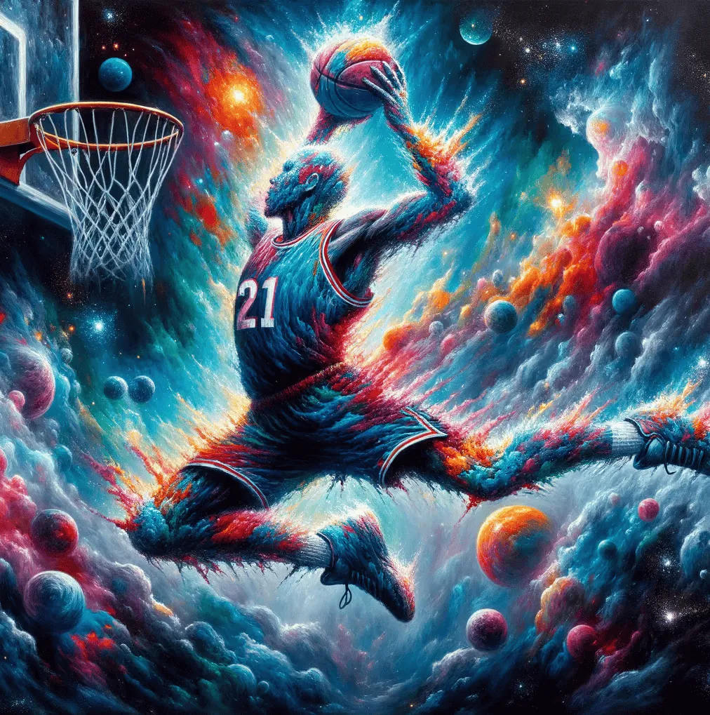 DALL-E 3 genererad fantasibild av en basketspelare i en kosmisk rymdmiljö med nebulosor och planeter