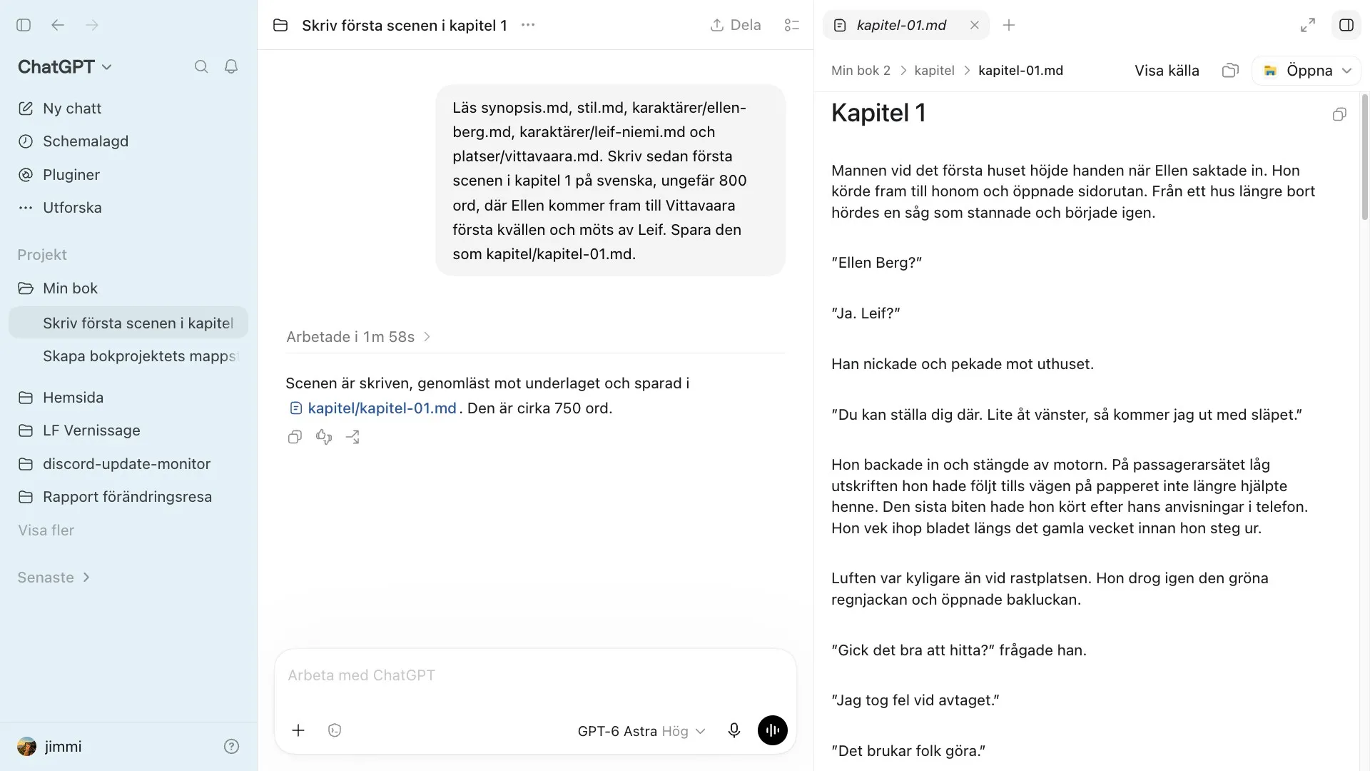 Första scenen i kapitel 1 öppen i ChatGPT:s datorapp bredvid chatten där den skrevs