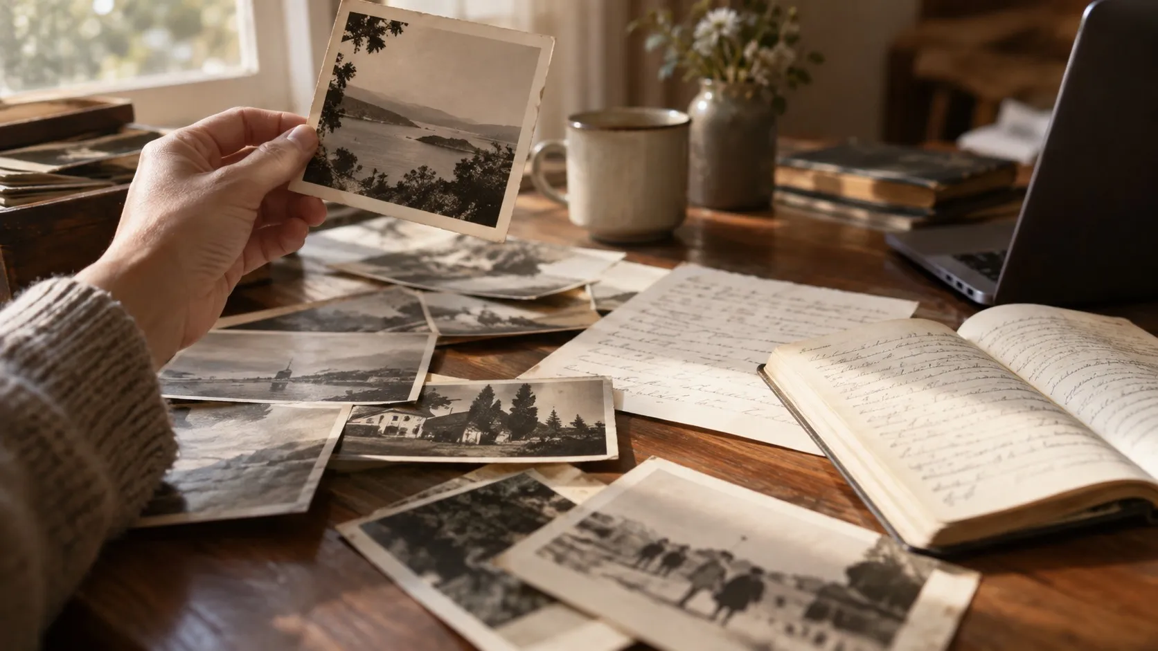 Gamla fotografier, ett handskrivet brev och en uppslagen dagbok på ett träbord, en hand håller upp ett av fotografierna