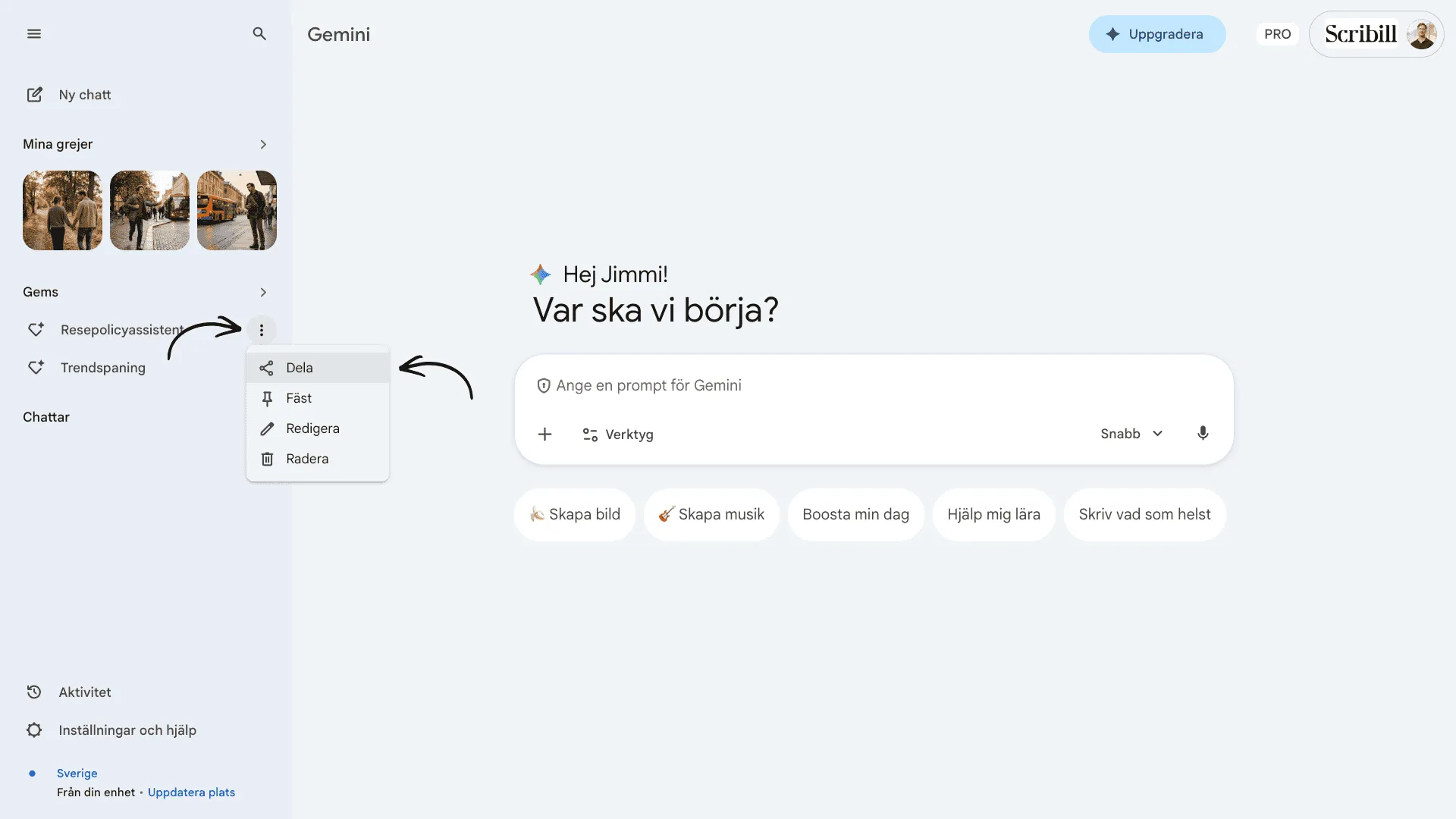 Sidomenyn med sparade Gems och en kontextmeny med alternativen Dela, Fäst, Redigera och Radera