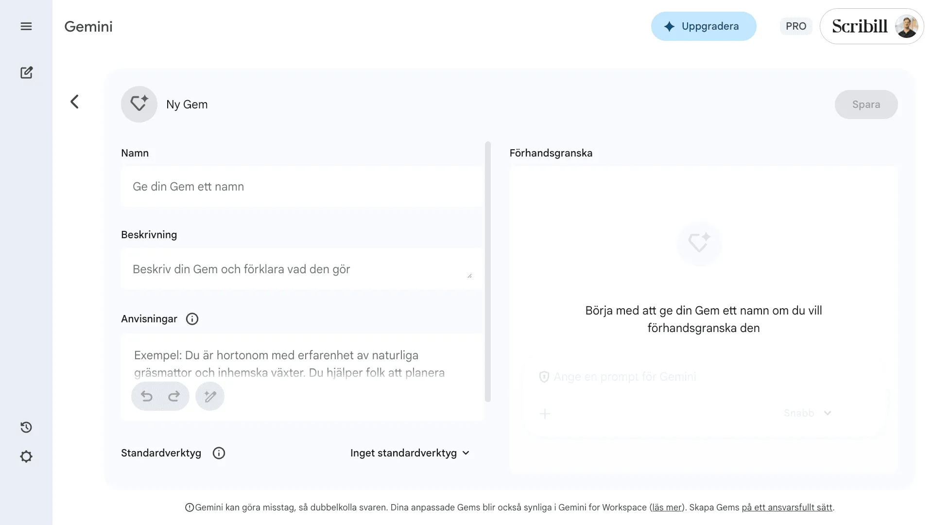 Gränssnittet för att bygga en Gem i Google Gemini