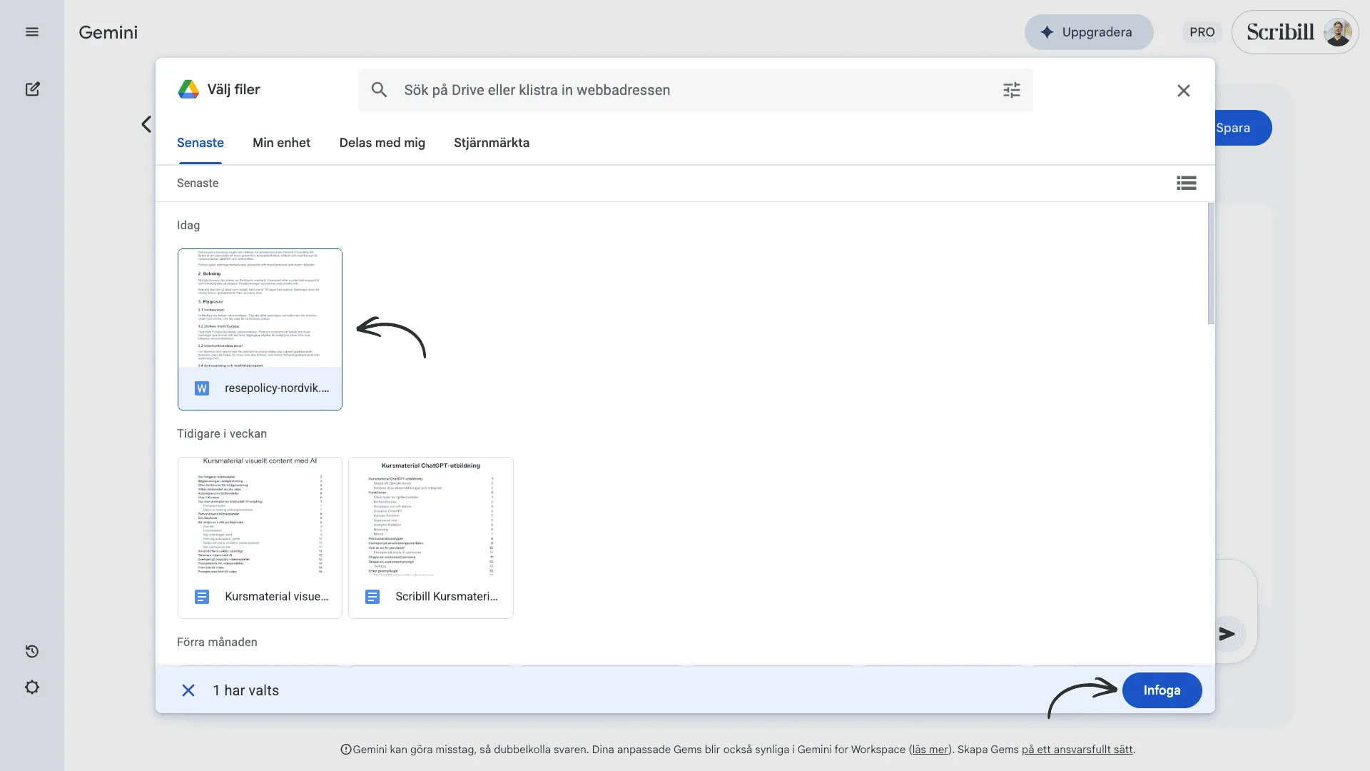 Google Drives filväljare med resepolicydokumentet markerat och knappen Infoga synlig