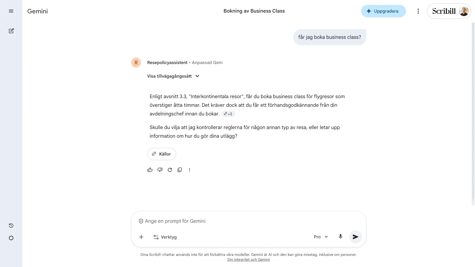 Policyagenten svarar på frågan om business class med hänvisning till avsnitt 3.3 i resepolicyn
