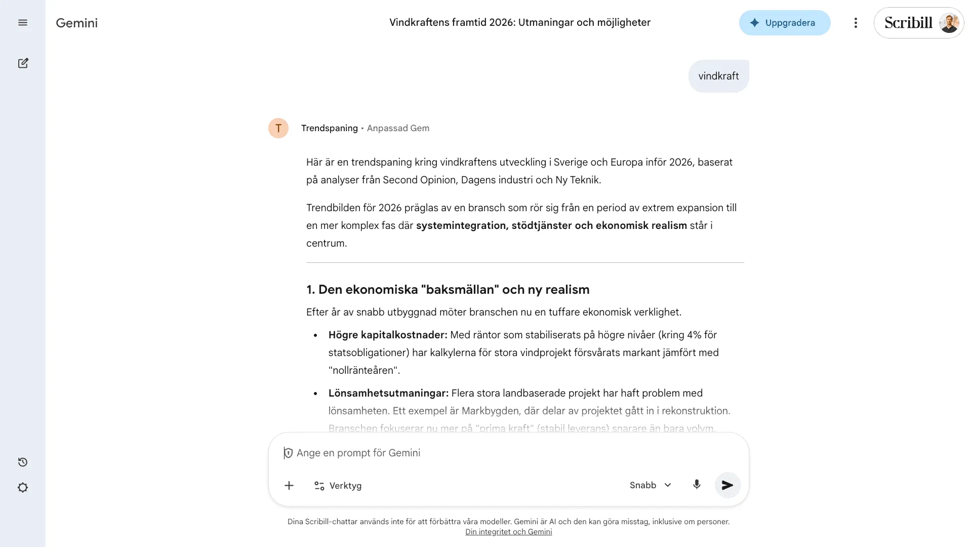 Trendspaningsagenten svarar på sökordet vindkraft med en sammanfattning baserad på angivna källor
