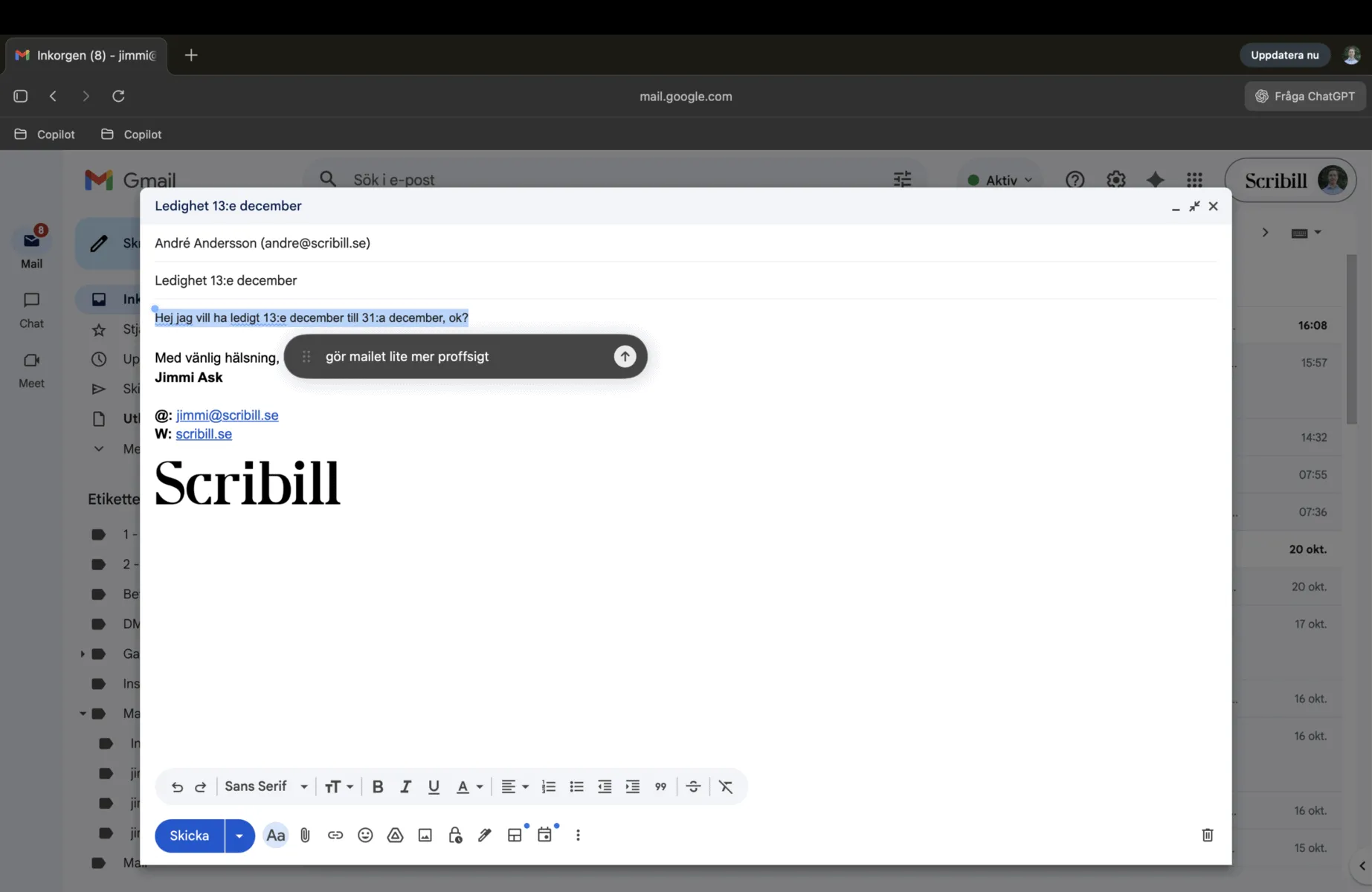 ChatGPT Atlas textfältshjälp i Gmail föreslår förbättringar av ett mejlutkast med prompten gör mailet lite mer proffsigt