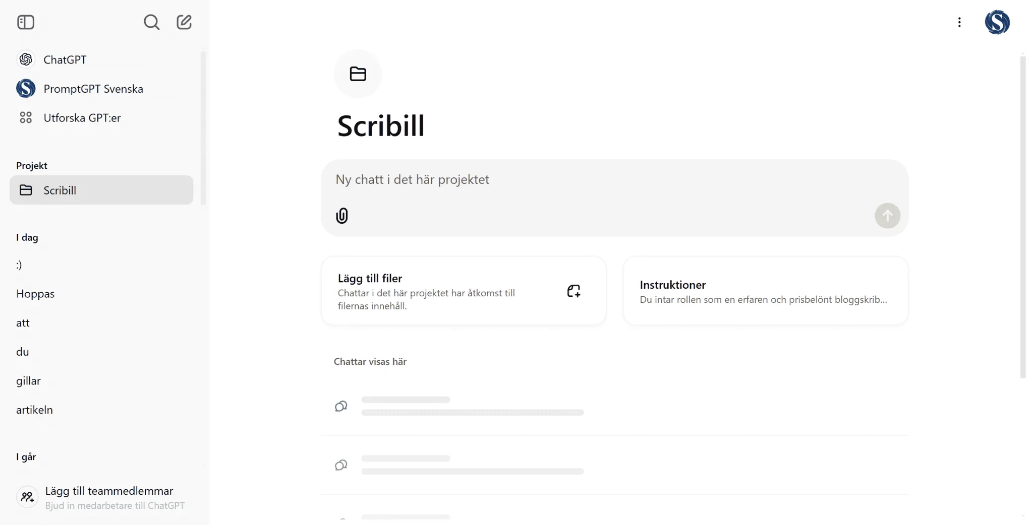 ChatGPT Projects visar projektet Scribill med alternativ för att lägga till filer och ange instruktioner samt en lista med tidigare chattar