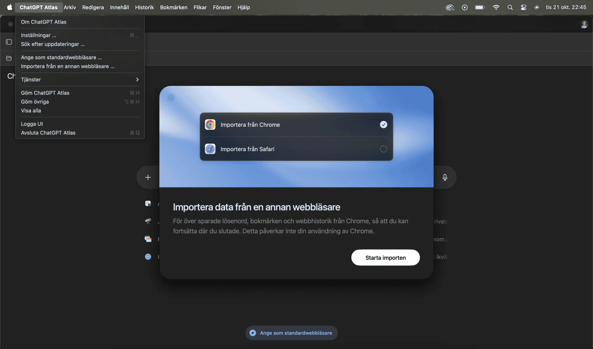 ChatGPT Atlas importdialog med alternativ för att importera bokmärken och lösenord från Chrome eller Safari