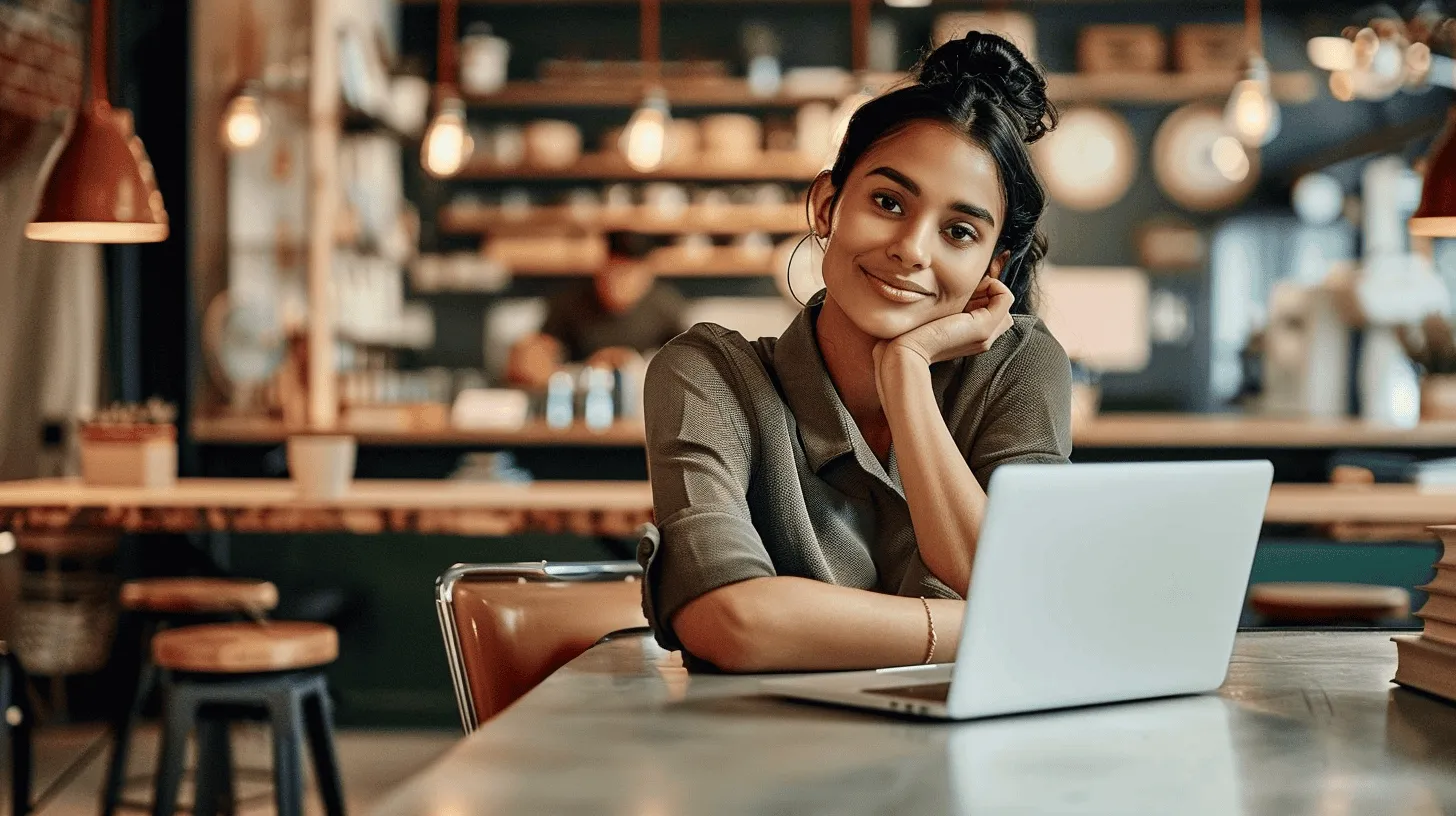 Kvinna sitter på ett kafé med en laptop och ser inspirerad ut