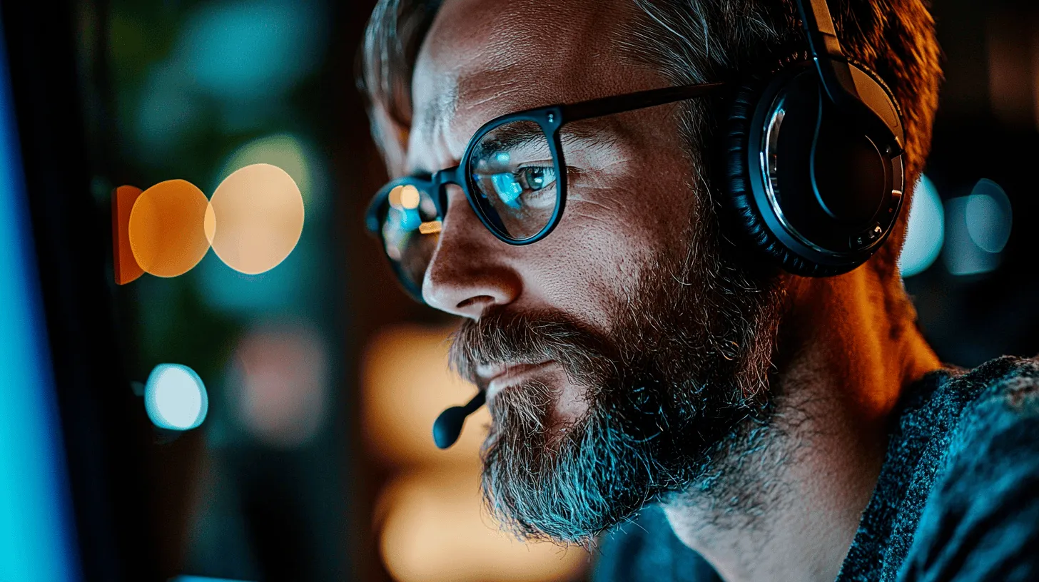 Person med headset och glasögon framför en skärm inom kundservice eller support
