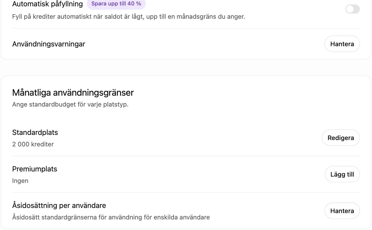 Faktureringen i adminpanelen för ChatGPT Business med Automatisk påfyllning, Användningsvarningar och Månatliga användningsgränser per platstyp