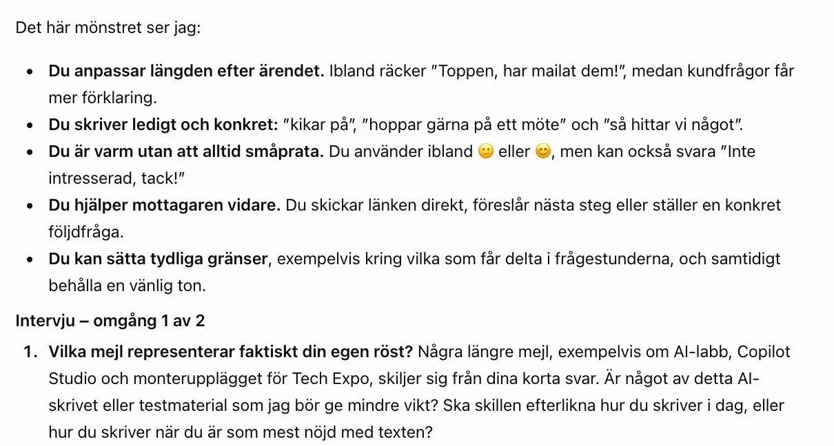 ChatGPT i Work sammanfattar mejlstilen och ställer första omgångens intervjufrågor för mejlskillen